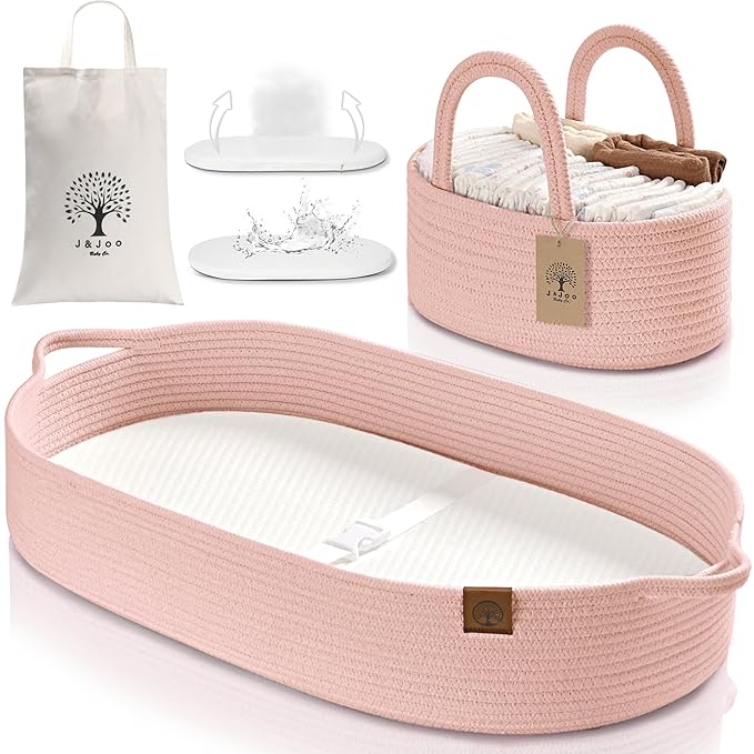 J&JOO Baby Changing Basket includes Diaper Caddy - Breathable & Waterproof Dual-Cover, Portable, Changing Pad for Dresser & Changing Table, Gift for Baby Shower (Coral Pink, Diaper Caddy Set)
