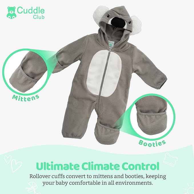 Cuddle Club Fleece Baby Bunting Bodysuit with Hood, Convertible Mittens & Booties, Car Seat Friendly, Soft & Warm, Easy Zip