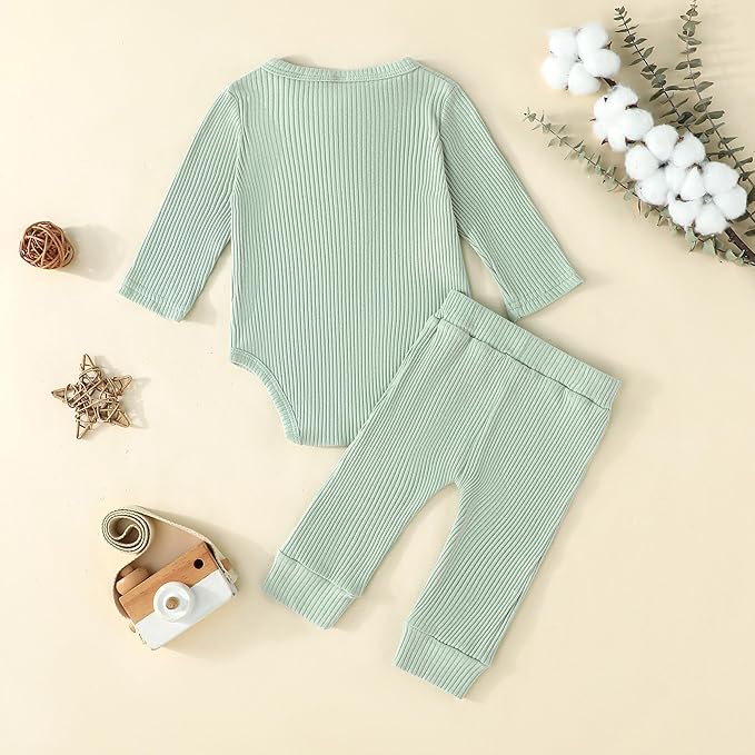 Newborn Baby Boy Girl Clothes Ribbed Knit Cotton Long Sleeve Romper Long Pant Preemie Solid Color Unisex Outfits