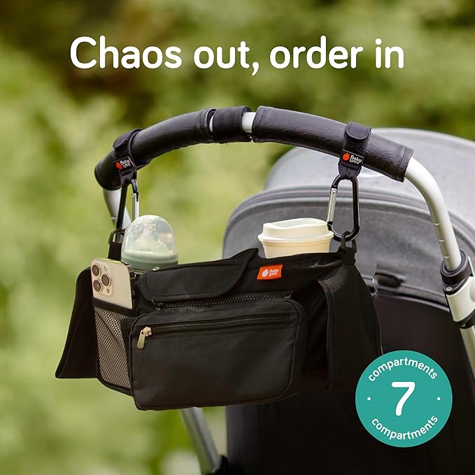 Baby Uma Stroller Caddy & Stroller Hooks - Universal Organizer Bag with XL Insulated Cup Holder, Phone Pocket, Wipes Dispenser, Wrist Bag & Mesh Pocket + 2 Carabiner Clips, Baby Travel Essential Kit