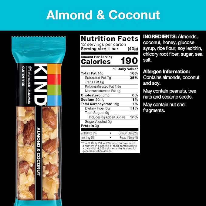 KIND Nut Bars, Almond & Coconut, Healthy Snack Bars, Gluten Free, Low Sodium, 3g Protein, 12 Count