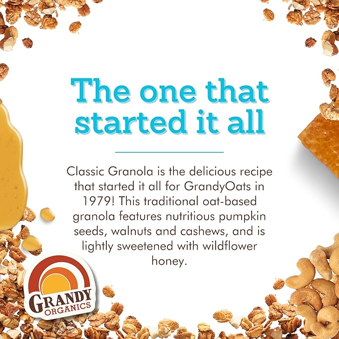 Grandy Organics Classic Granola, Certified Organic Granola Cereal, Low Sugar - Made with Oats, Pumpkin Seeds, Walnuts and Cashews, 12oz Bags, Bulk Pack of 6