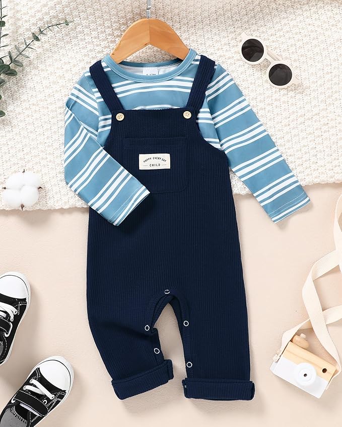 ZOEREA Toddler Baby Boys Clothes Outfit Long Sleeve T-Shirt and Romper Set Cute Jumpsuit Overalls Solid Color 6M-4T