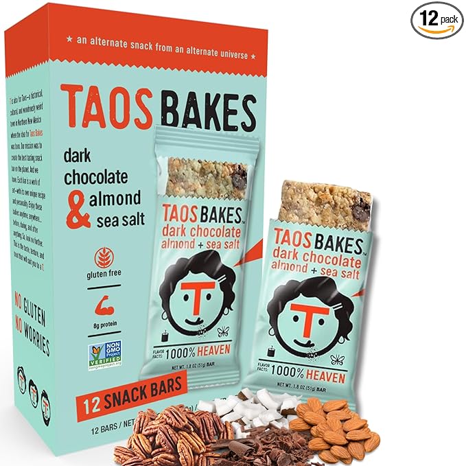 Taos Bakes - Snack Bars - Dark Chocolate Almond + Sea Salt - Protein Bars - 8g of Protein, High Fiber, Vegan, Gluten Free, & Non-GMO - Healthy Snacks for Adults & Kids - (12 Pack, 1.8oz Bars)