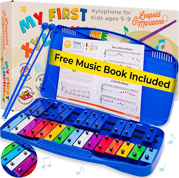 Leopold & Marianne | Xylophone for Kids Ages 5-9 | Kids Musical Instrument | Glockenspiel 25 Notes Chromatic | Color Metal Keys | Music Book Included, Play-Along Videos, Blue Carry Plastic Case