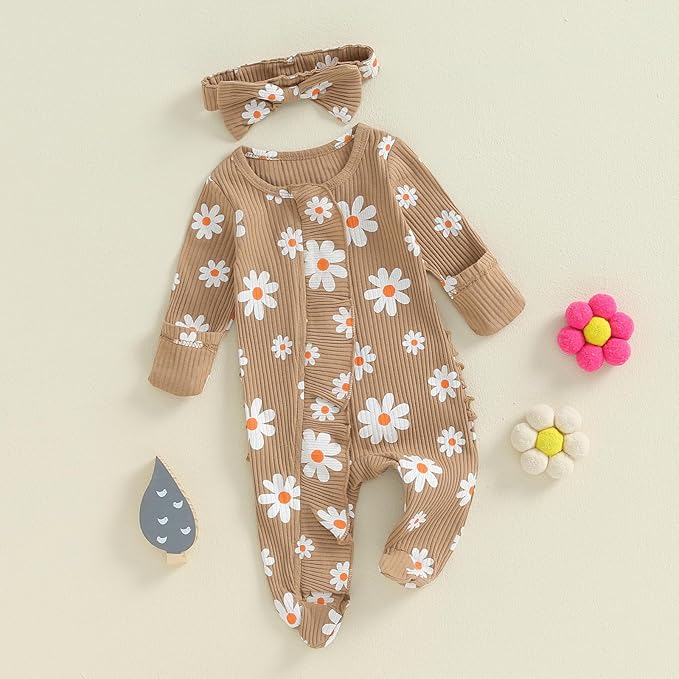 Newborn Girl Clothes Baby Girl Coming Home Outfit Zipper One-piece Outfits Ruffle Footie Bodysuit Jumpsuit Headband