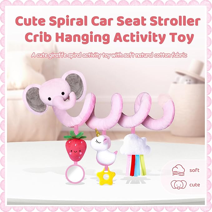 Spiral Car Seat Toys for Baby Girls 0-6 Months, Perfect Newborn Gifts for Girls Essentials, Cute Pink Elephant Strawberry Hanging Plush Items