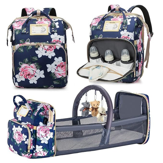 Diaper Bag Backpack with Changing Station, Foldable for Bady Toddler, 3 in 1 Large Capacity Newborn Essentials Organizer with Stroller Hook for Girls and Boys（Blue）