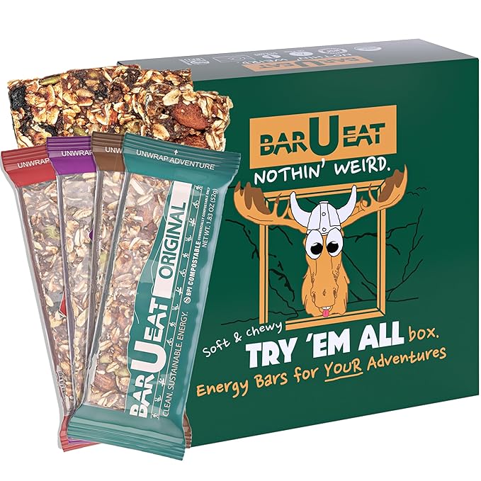 BAR-U-EAT Gluten-Free, Organic, Soft & Chewy Energy Bar. Real Food | Seed Oil Free | No Artificial Sugar | Compostable Packaging | Healthy Snacks (Variety 12 Pack)