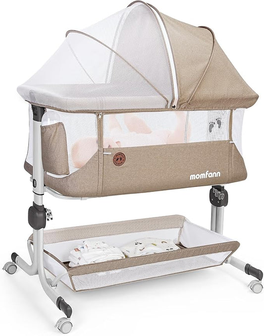 Baby Bassinet Bedside Sleeper, Upgraded Stability Bedside Crib with Full Mesh Sides, Soft Sheet, 6-Height Adjustment, Storage Basket, Easy Folding Portable Bassinet for Newborns,Camel
