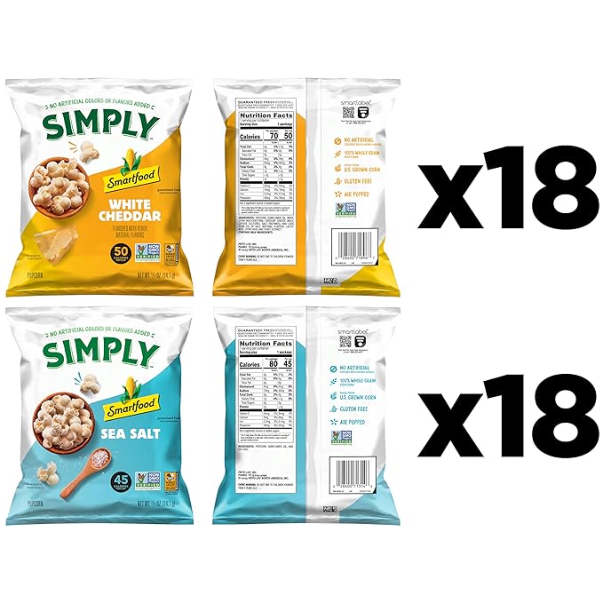 Smartfood Simply Variety Pack, White Cheddar and Sea Salt 0.5oz (36 Count)
