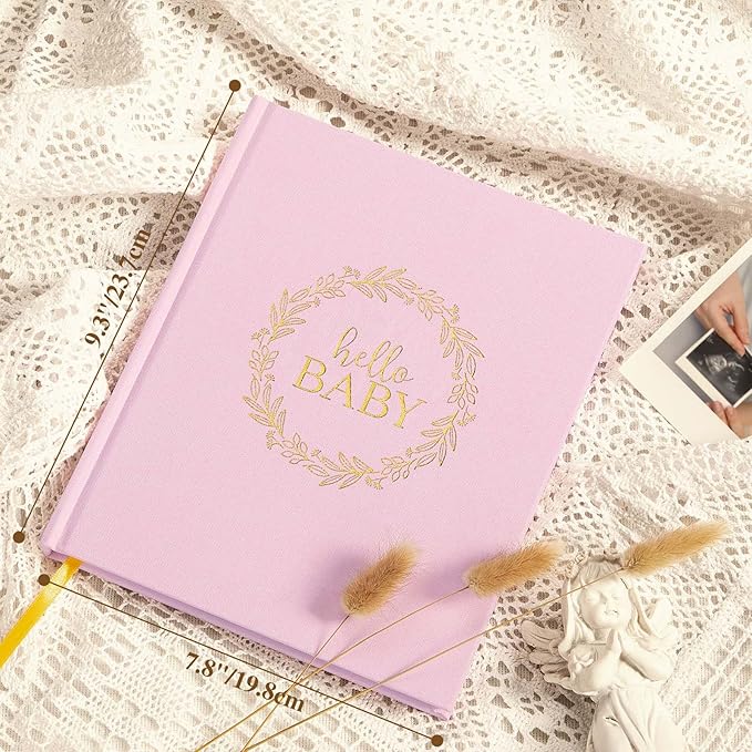 Lanpn Hello Baby Memory Book for Boy Girl - Linen Cover Baby Book Memories Keepsake for New Parents - Newborn Baby First 5 Year Journal Scrapbook Photo Album Baby Milestone Book (Pink, 154 Pages)