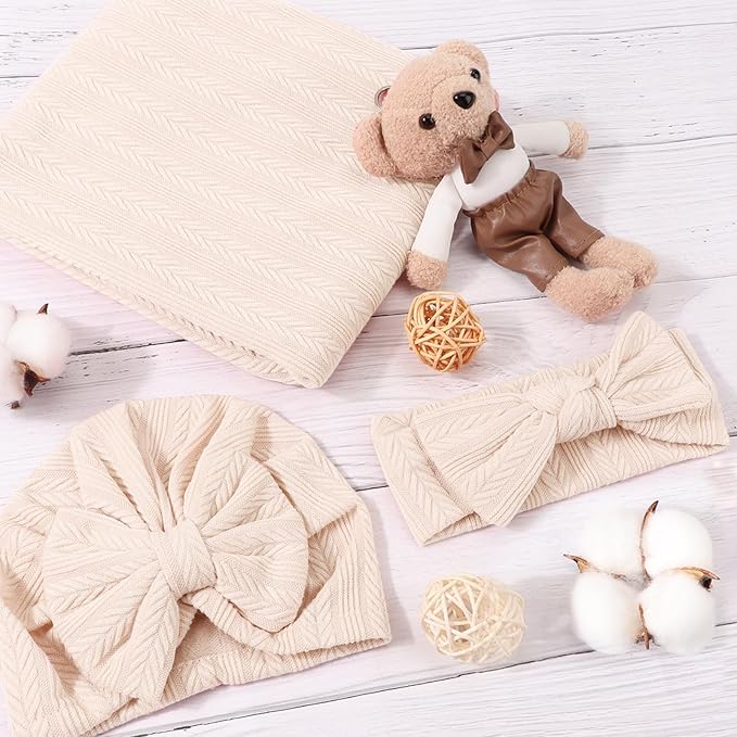 Newborn Receiving Blanket with Bow Hat Headband Wooden Card Set Wheat-Pattern Newborns Toddler Baby Boy Girl Nursery Swaddle Wrap
