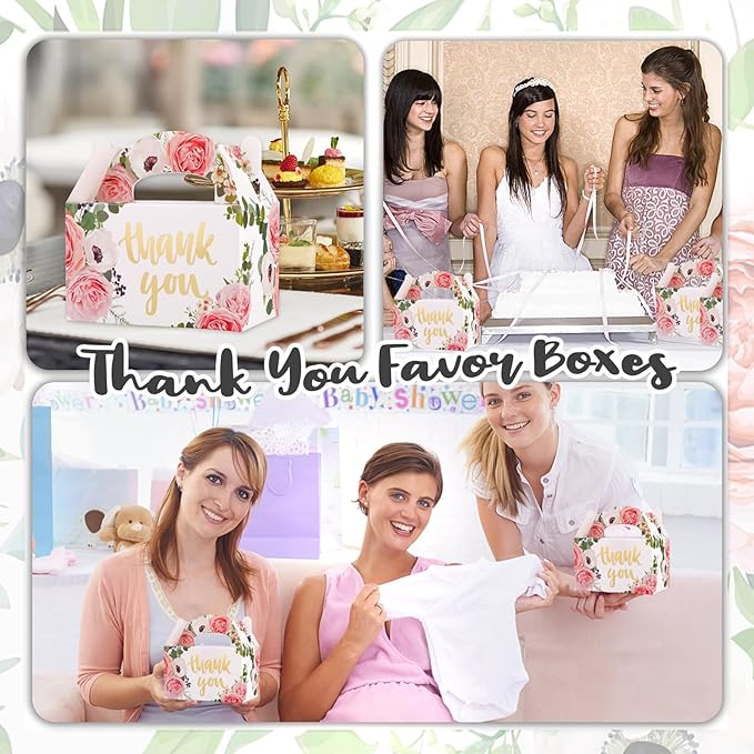 SOSFKIM Treat Boxes - 24 Pack Floral Design Embossed Gold Foil Cardboard Boxes - Party Favor Boxes Gable Boxes Perfect For Wedding, Birthday, Christmas, Celebrating 6.3x3.5x3.5 Inch