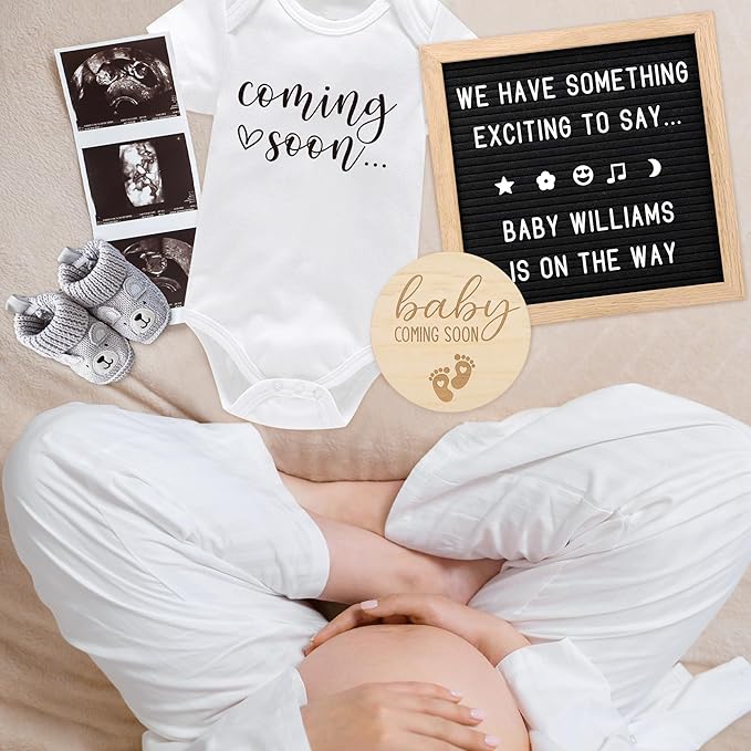 Pregnancy Announcement, Coming Soon Baby Announcement For Grandparents Dad Husband Family, Pregnancy Reveal Ideas, Gender Reveal Baby Shower Gifts -Felt Letter Board, Onesie, Booties, Wooden Sign