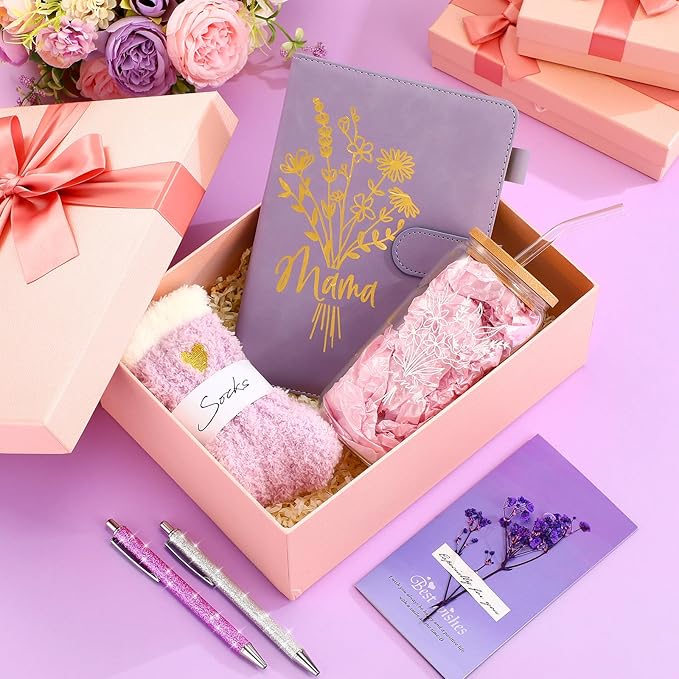 LemonRoad 6 Pcs New Mom Gifts, Pregnancy Gift for Expecting Mom, Baby Shower Favor for New Mommy After Birth, Aesthetic Flower Tumbler Notebook Pen Sock Dried Flower Greeting Card for Mommy(Purple)