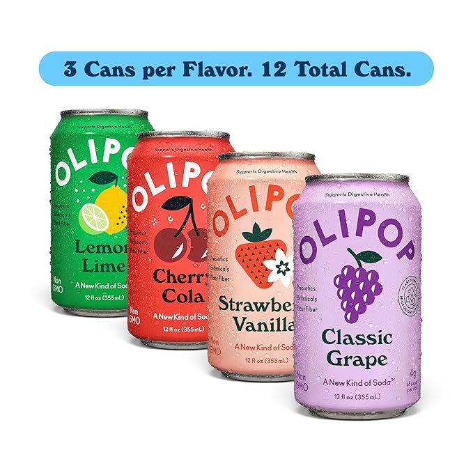 OLIPOP Prebiotic Soda Pop, Fruity Fun Variety, Pantry Pack Packed with Prebiotics, Fiber, and Botanicals, Gluten Free, Vegan, GMO Free, 12oz (12-Cans)