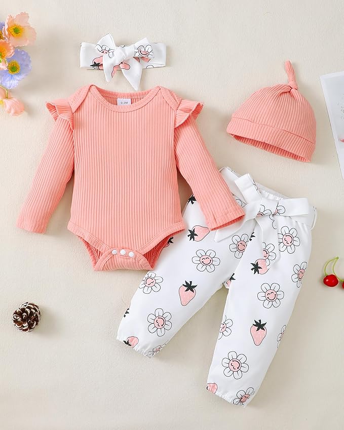 Renotemy Newborn Baby Girl Clothes Outfits Infant Romper Ruffle Floral Pants Cute Toddler Baby Girl Clothes Set