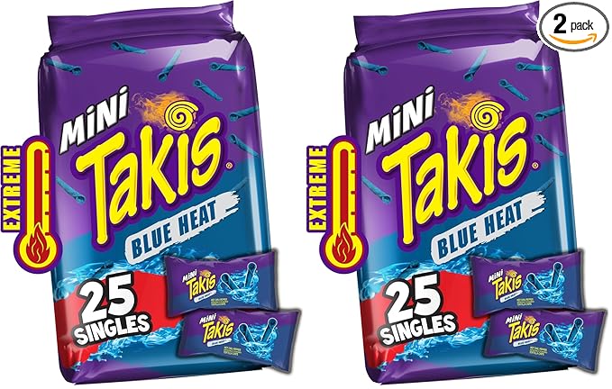 Takis Blue Heat Mini 25 pc / 1.23 oz Bite Size Multipack, Hot Chili Pepper Flavored Extreme Spicy Rolled Tortilla Chips (Pack of 2)