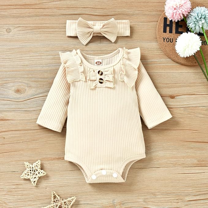 Aalizzwell Preemie Newborn Infant Baby Girls Clothes Ribbed Bodysuit Pants Set Fall Winter Outfits
