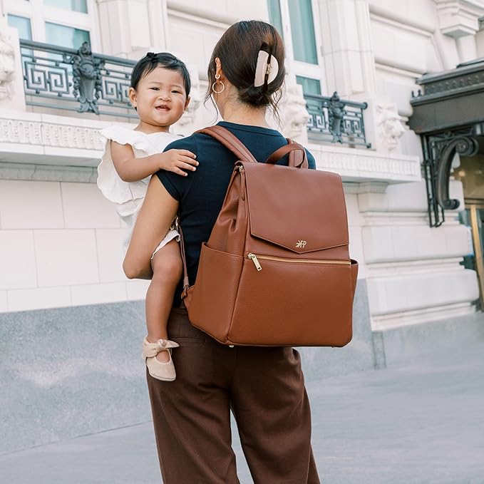 Freshly Picked Classic II Diaper Bag Backpack, Wipeable Vegan Leather With Changing Pad, Convertible (Cognac V2)