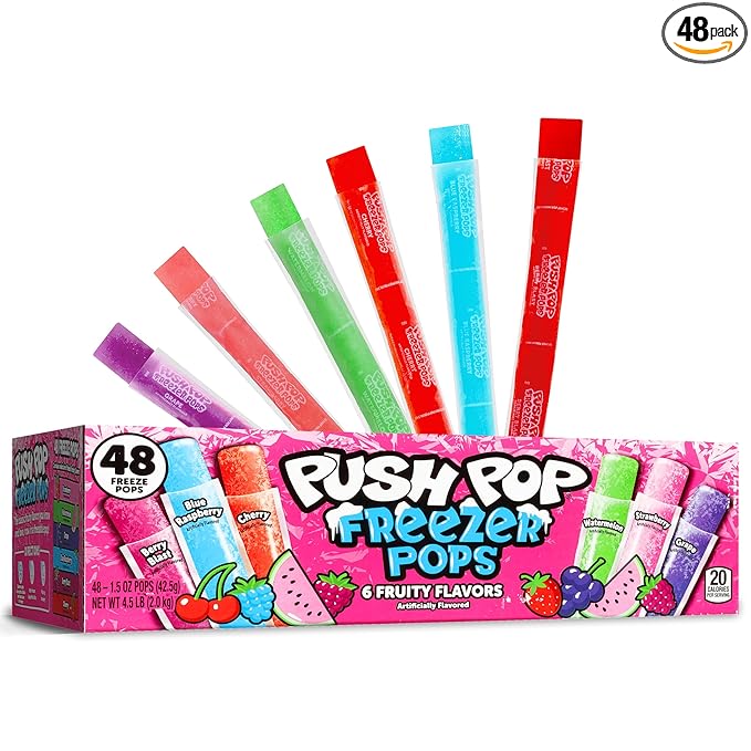 Push Pop Freezer Pops - Ice Popsicles Frozen, Individually Wrapped Variety Pack, 6 Classic Fruity Flavors, Fun Colored Frozen Treats for Party Favors, Bulk Snacks for Kids (48 Count)