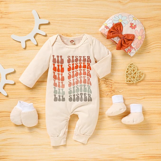 Sinhoon Newborn Baby Girl Romper Infant Letter Print Bodysuit Jumpsuit+Hat+Gloves+Socks 4Pcs Coming Home Clothes Outfit