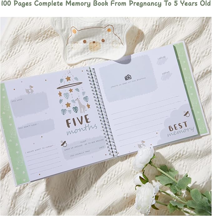 Complete 100 Pages First 5 Years Baby Memory Book and Baby Milestone Book, Easy to Fill Baby Journal From Pregnancy to 5 Years, Hardcover Baby Album and Memory Book, 9.3” x 9.3”