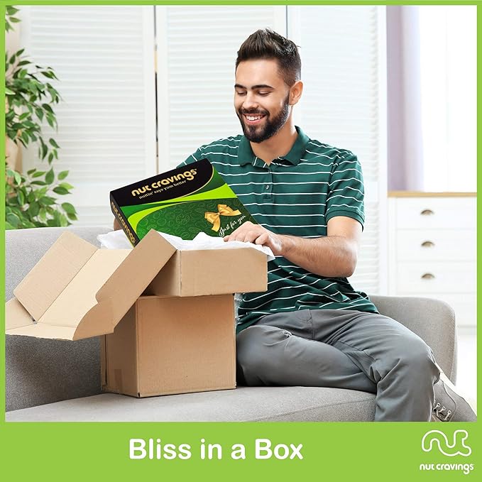NUT CRAVINGS - Mixed Nuts Gift Basket in Green Gold Box (4 Assortments) Food Arrangement, Healthy Snack Care Package, Food Assortments