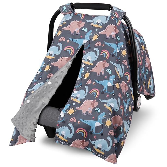 Metplus 2 in 1 Dinosaur Baby Car Seat Cover, Car Seat Canopy for Babies, Mom Multiuse Nursing Cover, Minky Baby Carrier Covers, Newborn Boy Girl, Peekaboo Opening