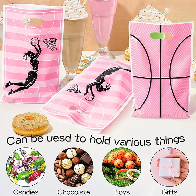 Basketball Party Favor Bags - 50Pcs Pink Basketball Goody Candy Treat Gifts Bags, Sport Themed Party Decorations for Adults Kids Boys Girls Birthday Outdoor Sports Events Supplies