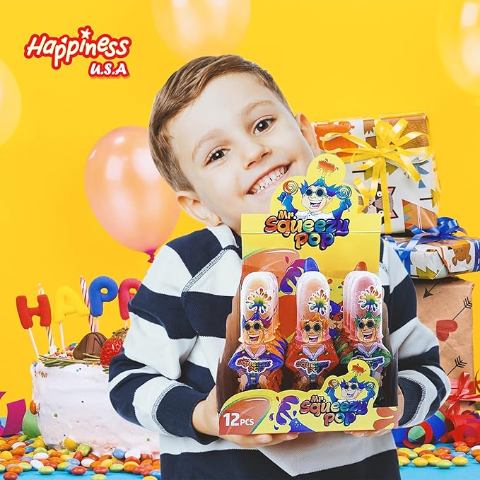 Happiness USA Mr. Squeezy Pop Sour Candy Variety Pack of 12 | All-Natural Kosher Squeeze Candy Blue Raspberry, Apple & Strawberry Flavors w/No Artificial Color | Dye Free Suckers & Lollipops for Kids