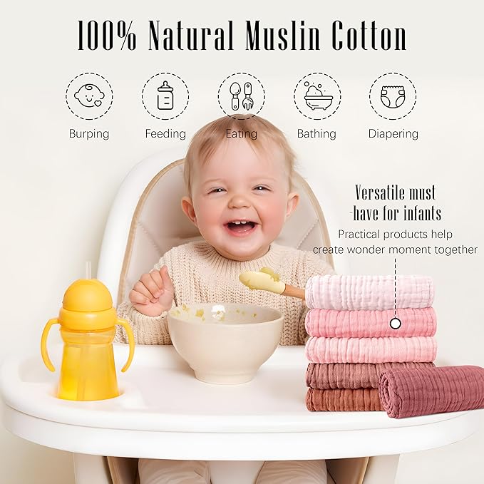 SWEET DOLPHIN 12 Pack Muslin Burp Cloths Large 100% Cotton Burping Clothes for Baby Drool - Absorbent and Soft Boys & Girls Milk Spit Up Rags for Newborn Essentials Registry - Dewy Petal