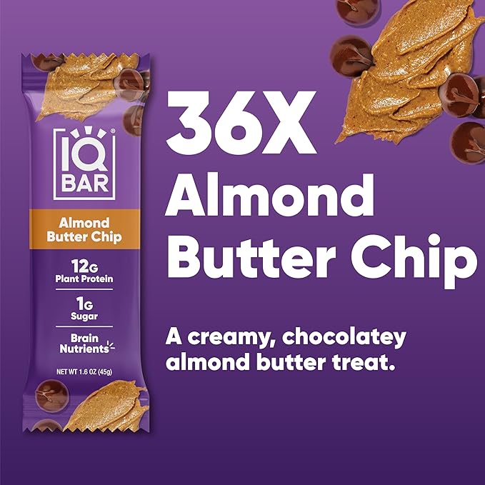 IQBAR Brain and Body Plant Protein Bars - Almond Butter Chip - 36-Count Low Carb - Gluten Free, High Fiber, Vegan Snacks - Low Sugar Meal Replacement
