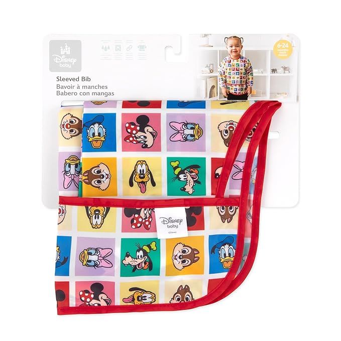 Bumkins Disney Sleeved Bib for Girl or Boy, Baby and Toddler for 6-24 Mos, Essential Must Have for Eating, Feeding, Baby Led Weaning Supplies, Long Sleeve Mess Saving, Mickey and Friends Check Mates