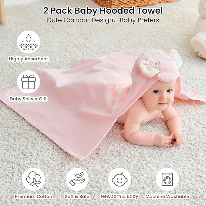 Mooreeke 2 Pack Baby Towels - 100% Cotton Baby Hooded Towels - Soft Baby Bath Towels with Hood for Newborn - Comfort Towels for Baby Girls and Boys - Animal Shaped Design (Duck & Elephant)
