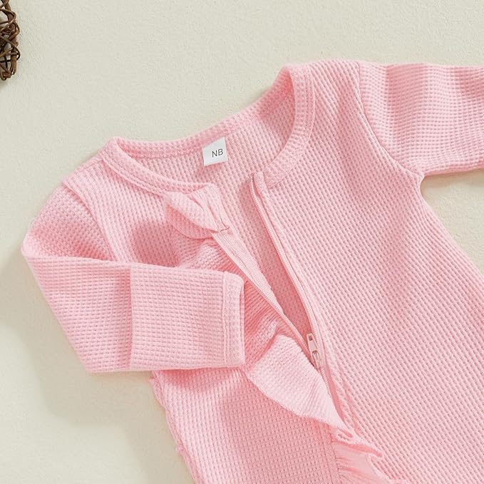 Fanvereka Newborn Infant Baby Girl Fall Outfit Romper 3 6 12 Months Girls Long Sleeve Full Length Zipper Footie Headband