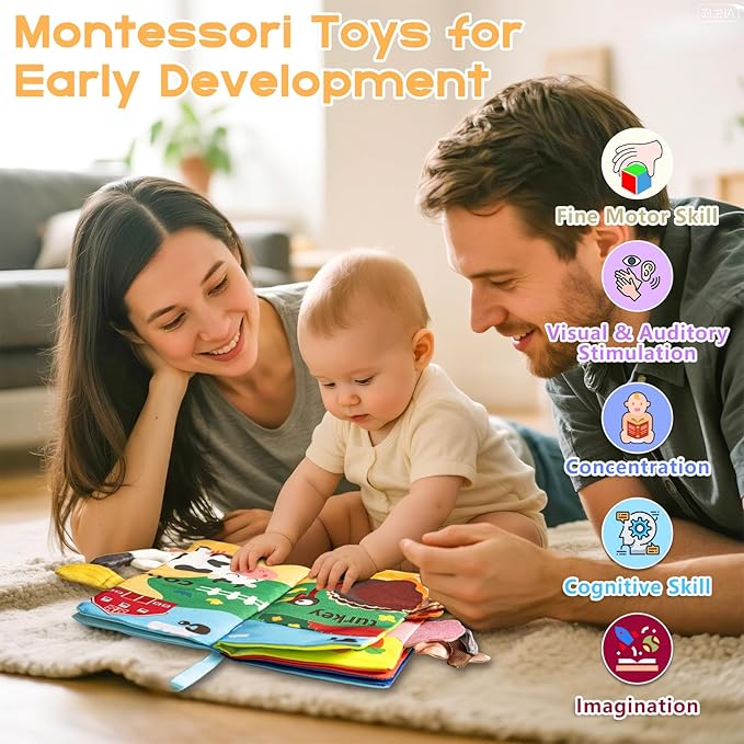 Soft Book Toys for Babies 0-18 Months, 2PCS Crinkle Cloth Books – Farm Transportation Themes, Tails Sensory Book with Rings for Hang, Montessori Early Learning Infant Toy for 0-6-12-18 Month