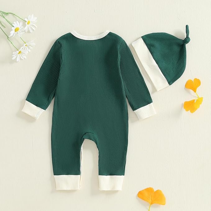 fhutpw Newborn Baby Boy Clothes Ribbed Knit Bodysuit 3 6 Months Infant Fall Long Sleeve Splicing Color Romper Jumpsuit & Hat