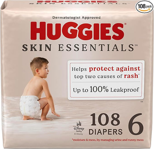 Huggies Size 6 Diapers, Skin Essentials Baby Diapers, Size 6 (35+ lbs), 108 Count (2 Packs of 54), Packaging May Vary