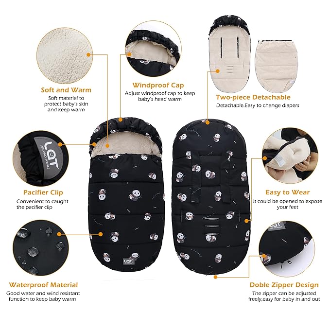 LAT Baby Warm Bunting Bag Universal,Stroller Sleeping Bag Cold Weather,Waterproof Toddler Footmuff(Detachable,Black Panda)