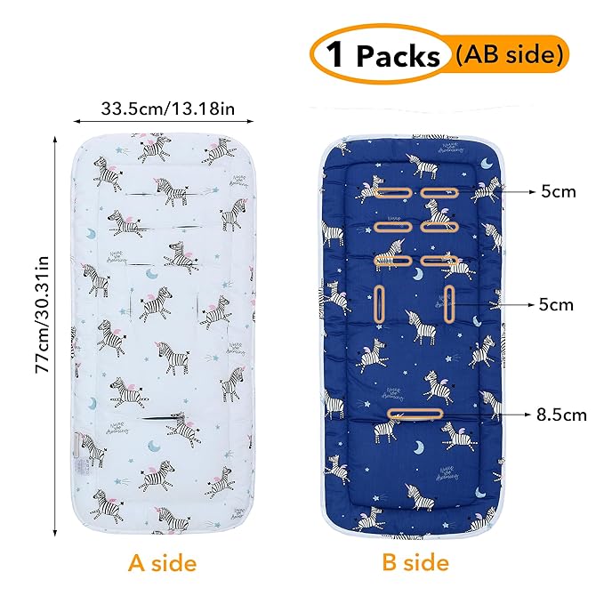 Baby Stroller Cushion,Infant Car Seat Insert-Reversible Universal Breathable and Soft Newborn Stroller Mat,100% Cotton Cover Toddler Seat Pad Liner-34x78cm,1 Pack(Blue Zebra)