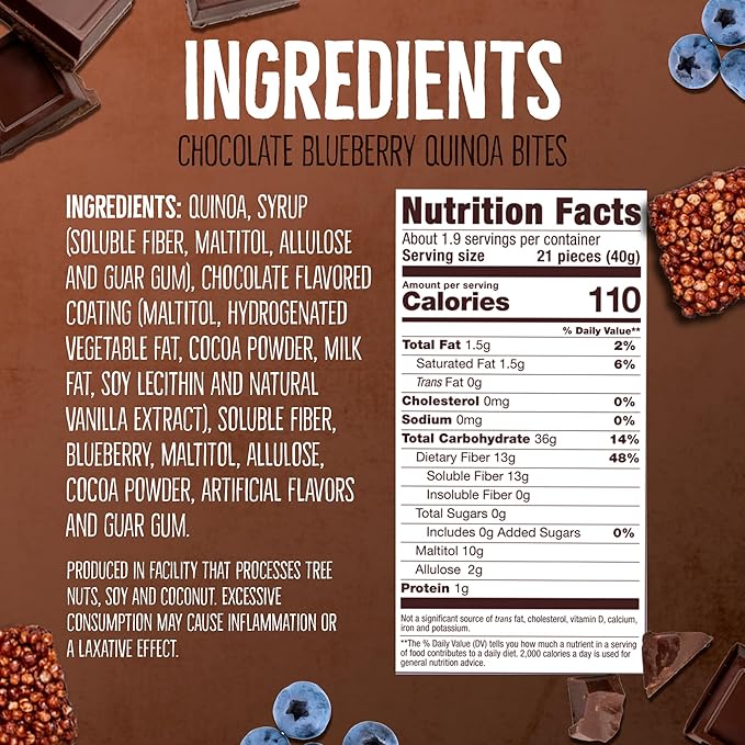 Don't Worry Chocolate and Blue Berry Quinoa Bites 4 Pack- Low Calorie Keto Snacks, Only 4 Calories Healthy Chocolate Granola Bars, Low Carb Quinoa Cookie, Gluten Free High Protein & Fiber Cookies