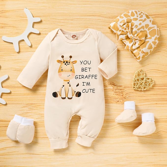 Sinhoon Newborn Baby Girl Romper Infant Letter Print Bodysuit Jumpsuit+Hat+Gloves+Socks 4Pcs Coming Home Clothes Outfit