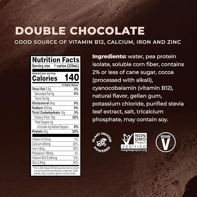Evolve Plant Based Protein Shake, Double Chocolate, 20g Vegan Protein, Dairy Free, No Artificial Sweeteners, Non-GMO, 10g Fiber, 11 Fl Oz (Pack of 12) - (Formula May Vary)