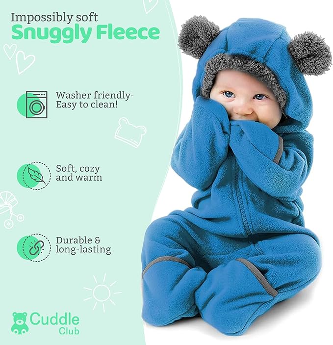 Cuddle Club Fleece Baby Bunting Bodysuit with Hood, Convertible Mittens & Booties, Car Seat Friendly, Soft & Warm, Easy Zip