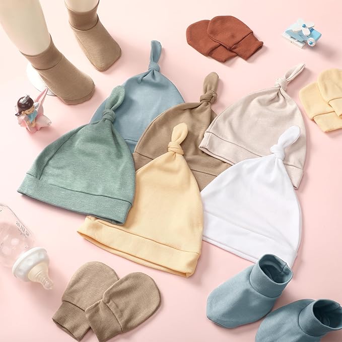 Toulite 10 Set Newborn Baby Socks Hat and Mittens Soft Ankle Sock Newborn Beanie Mitten for Boys Girls Infant