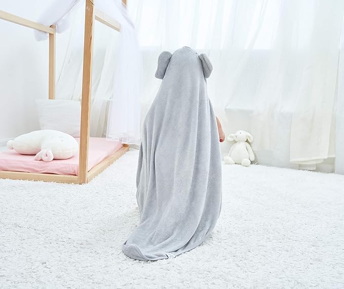 HIPHOP PANDA Hooded Towel - Rayon Made from Bamboo, Bath Towel with Bear Ears for Newborn, Babie, Toddler, Infant - Absorbent Large Baby Towel - Grey Elephant, 30 x 30 Inch