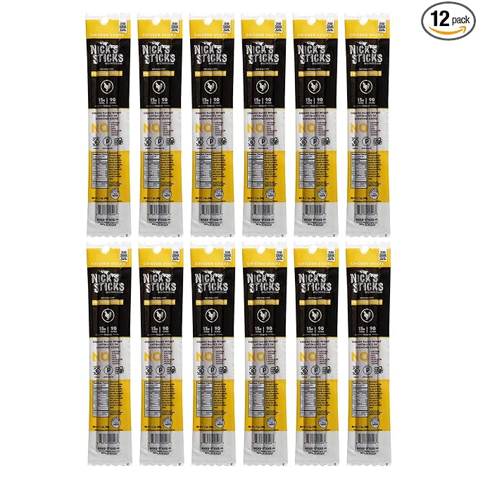 Nick's Sticks Free Range Clean & Balanced Chicken Snack Sticks | Made in the USA | Gluten Free | Paleo, Keto, Whole30 Approved | No Soy, Antibiotics or Hormones (12-1.7oz. Packages of 2 Sticks)