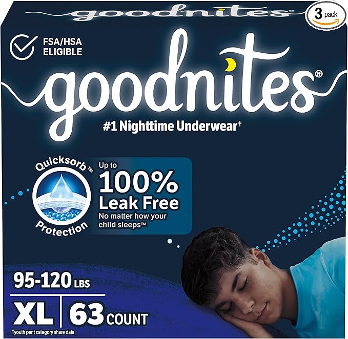 Goodnites Boys' Nighttime Bedwetting Underwear, Size Extra Large (95-120 lbs), 63 Ct (3 Packs of 21), Packaging May Vary